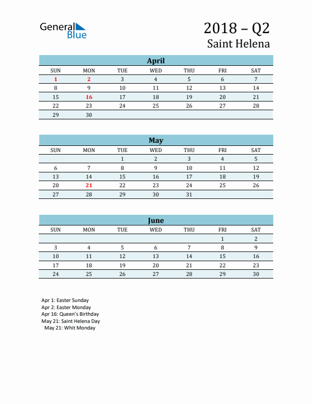 Three-Month Planner for Q2 2018 with Holidays - Saint Helena