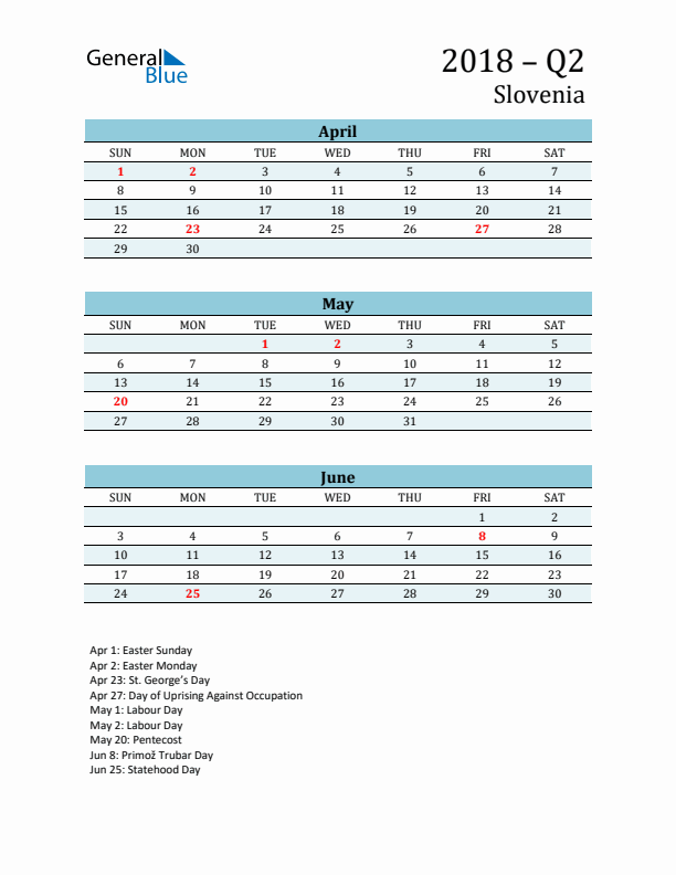 Three-Month Planner for Q2 2018 with Holidays - Slovenia