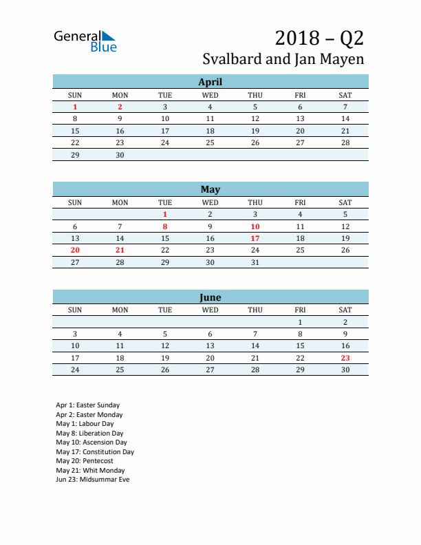 Three-Month Planner for Q2 2018 with Holidays - Svalbard and Jan Mayen