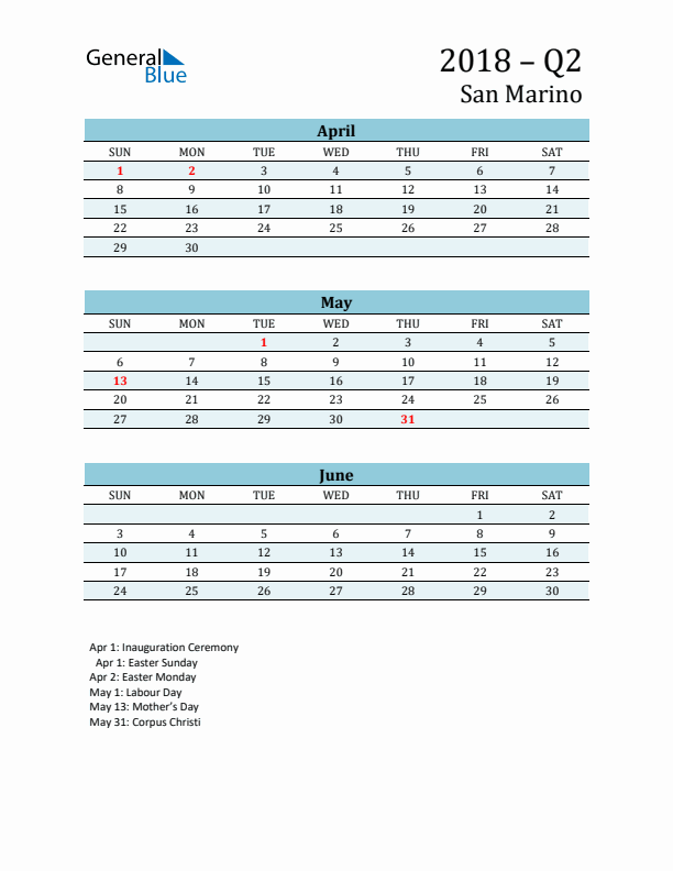 Three-Month Planner for Q2 2018 with Holidays - San Marino