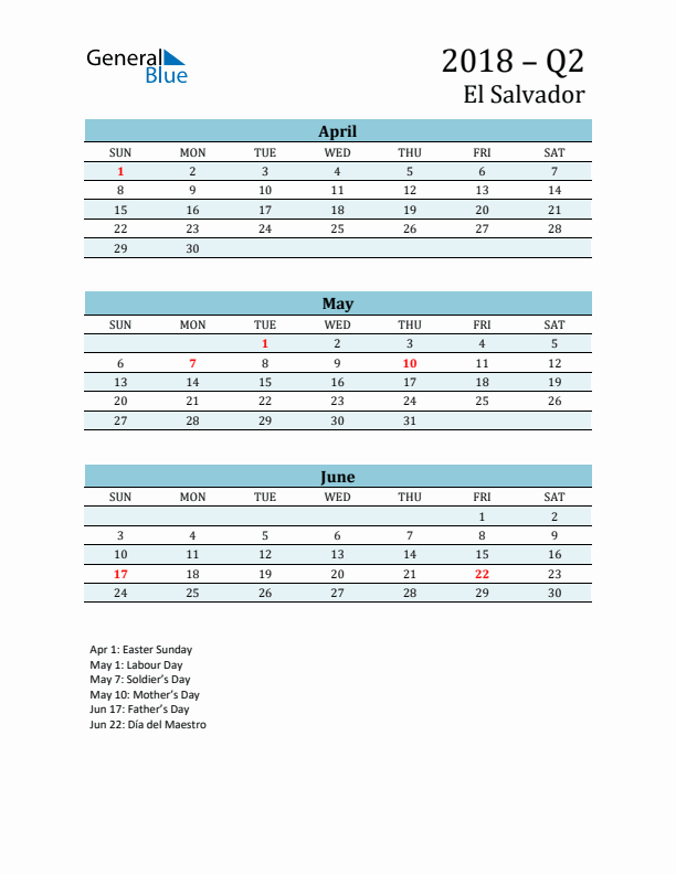 Three-Month Planner for Q2 2018 with Holidays - El Salvador