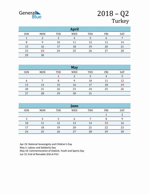 Three-Month Planner for Q2 2018 with Holidays - Turkey