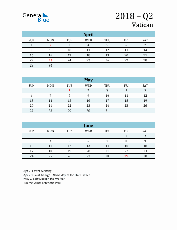 Three-Month Planner for Q2 2018 with Holidays - Vatican