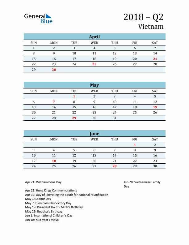 Three-Month Planner for Q2 2018 with Holidays - Vietnam