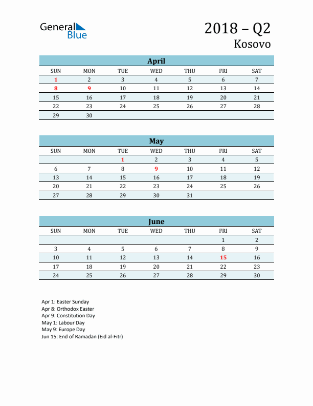 Three-Month Planner for Q2 2018 with Holidays - Kosovo