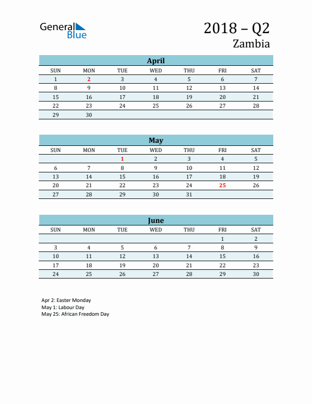 Three-Month Planner for Q2 2018 with Holidays - Zambia