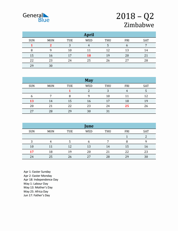 Three-Month Planner for Q2 2018 with Holidays - Zimbabwe