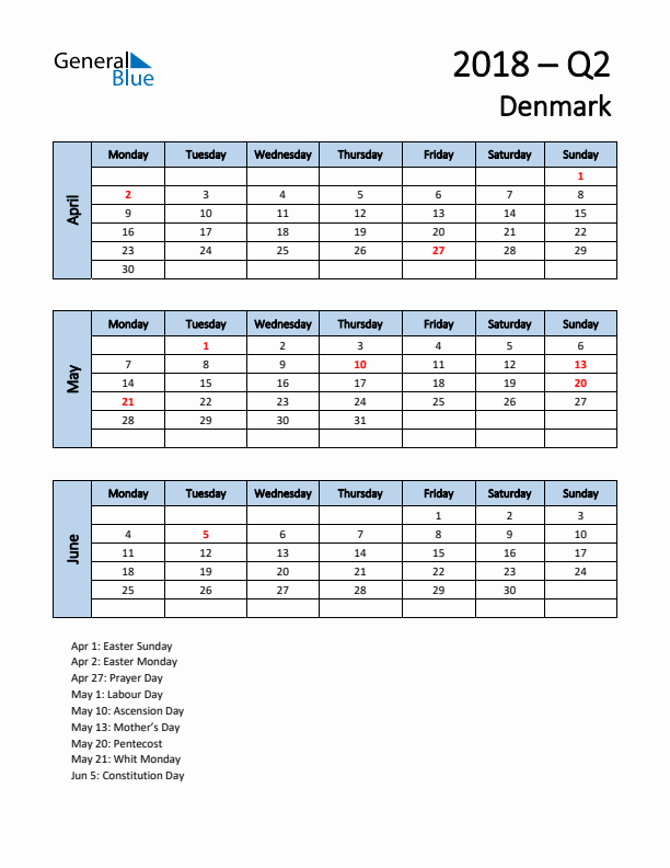 Free Q2 2018 Calendar for Denmark - Monday Start