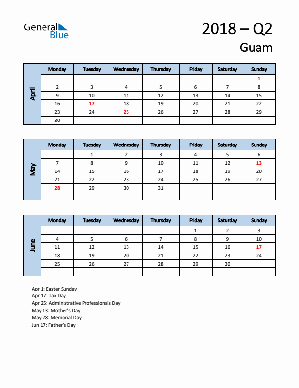 Free Q2 2018 Calendar for Guam - Monday Start