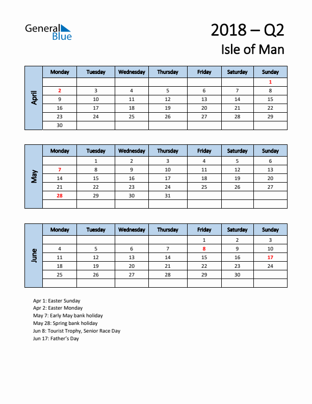 Free Q2 2018 Calendar for Isle of Man - Monday Start