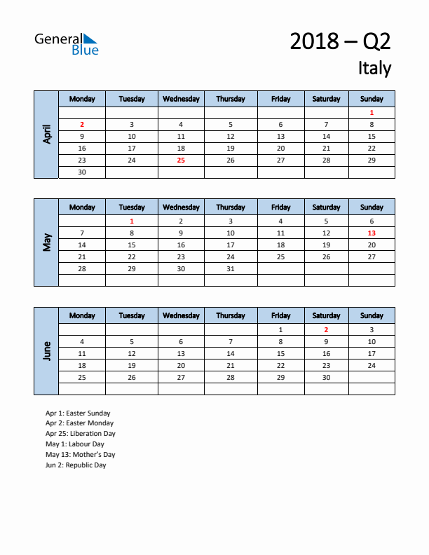 Free Q2 2018 Calendar for Italy - Monday Start