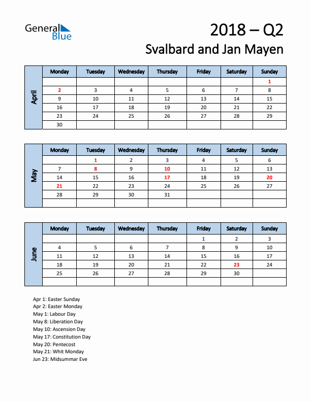 Free Q2 2018 Calendar for Svalbard and Jan Mayen - Monday Start