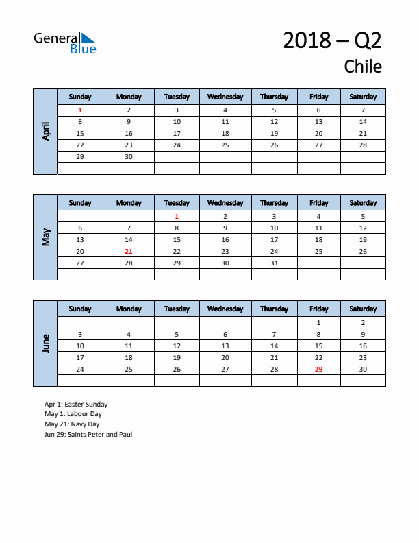 Free Q2 2018 Calendar for Chile - Sunday Start