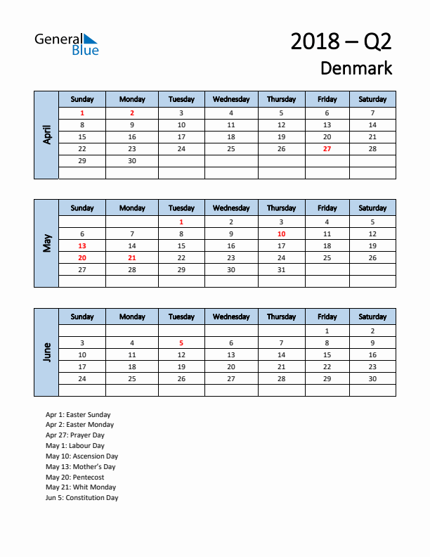 Free Q2 2018 Calendar for Denmark - Sunday Start