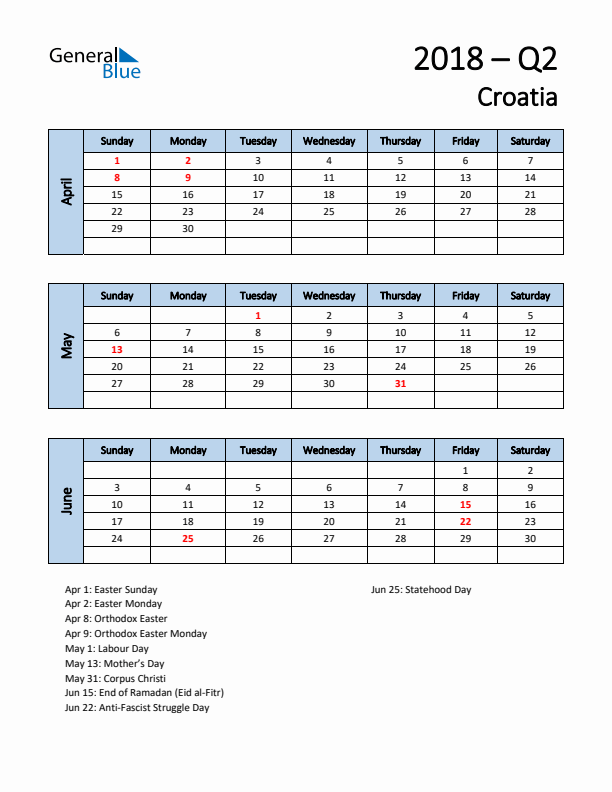 Free Q2 2018 Calendar for Croatia - Sunday Start