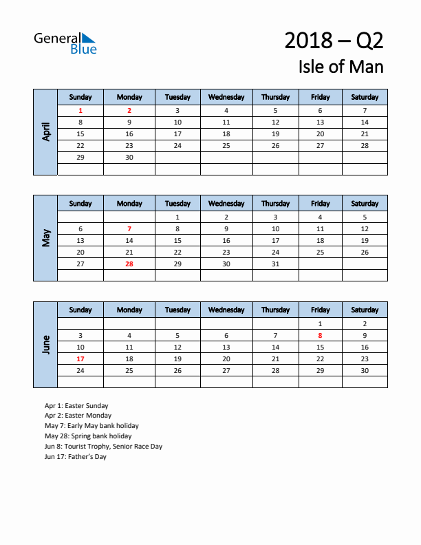 Free Q2 2018 Calendar for Isle of Man - Sunday Start