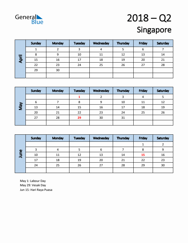 Free Q2 2018 Calendar for Singapore - Sunday Start