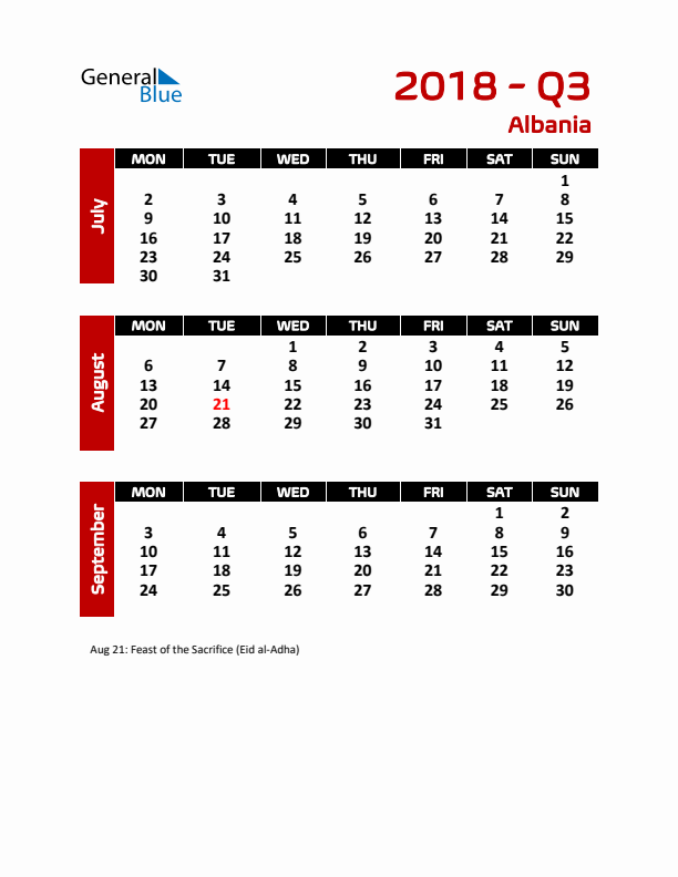 Q3 2018 Calendar with Holidays in Albania