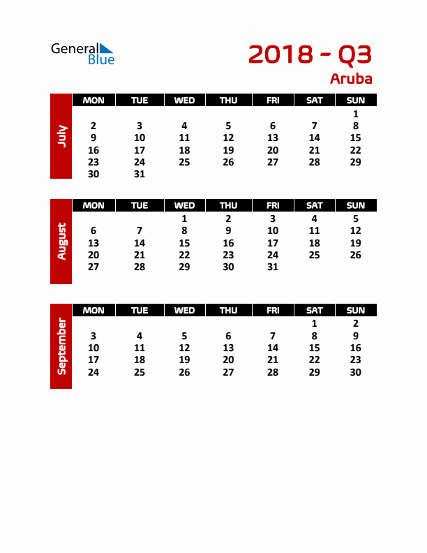 Q3 2018 Calendar with Holidays in Aruba