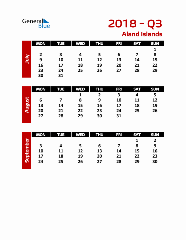 Q3 2018 Calendar with Holidays in Aland Islands