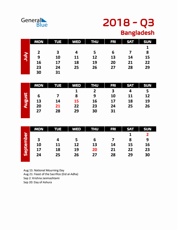 Q3 2018 Calendar with Holidays in Bangladesh