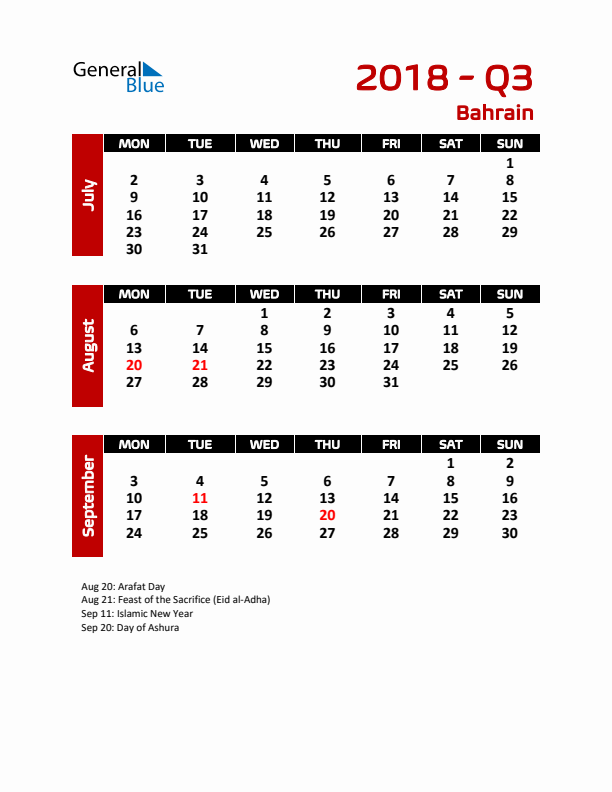 Q3 2018 Calendar with Holidays in Bahrain