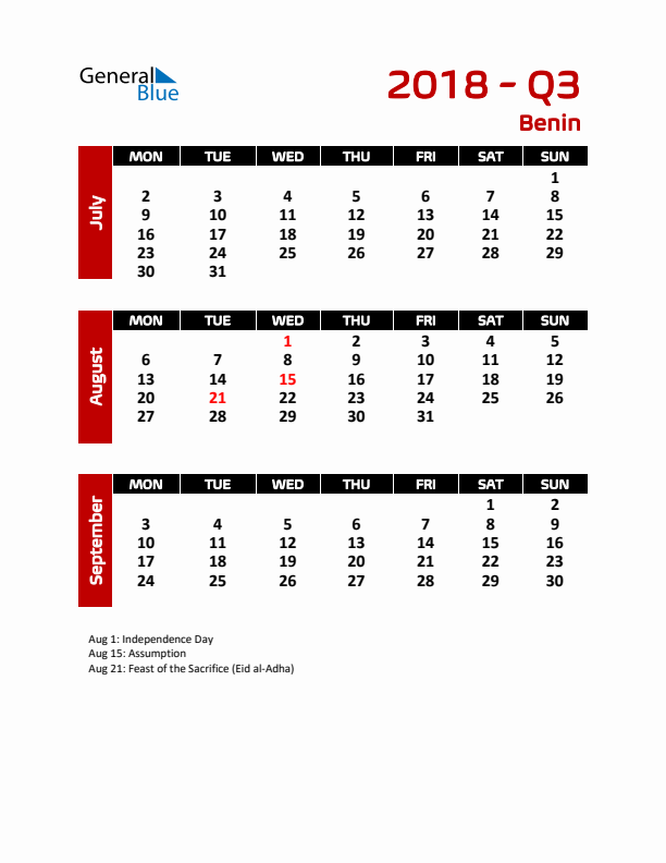 Q3 2018 Calendar with Holidays in Benin