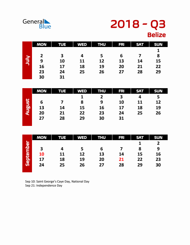 Q3 2018 Calendar with Holidays in Belize