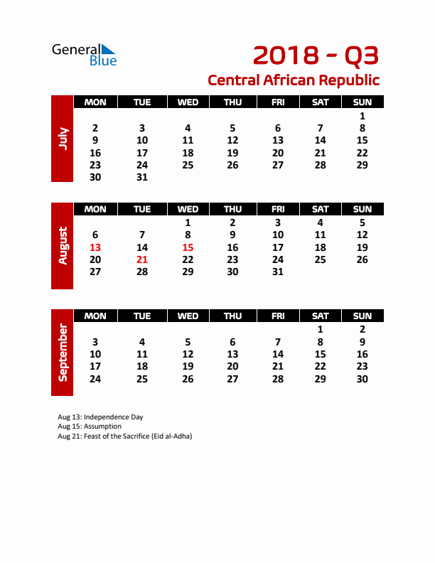 Q3 2018 Calendar with Holidays in Central African Republic