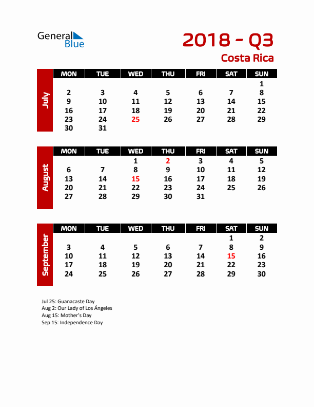 Q3 2018 Calendar with Holidays in Costa Rica