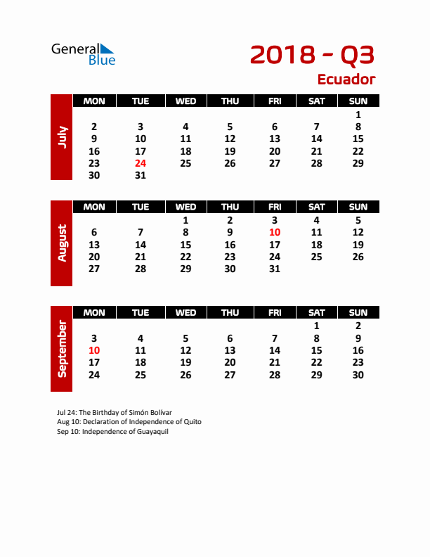 Q3 2018 Calendar with Holidays in Ecuador