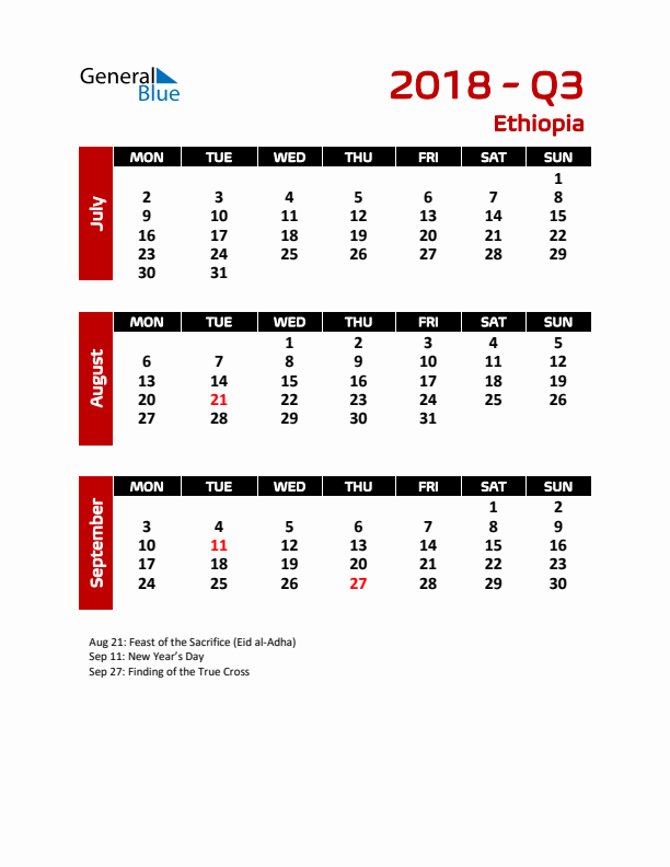 Q3 2018 Calendar with Holidays in Ethiopia