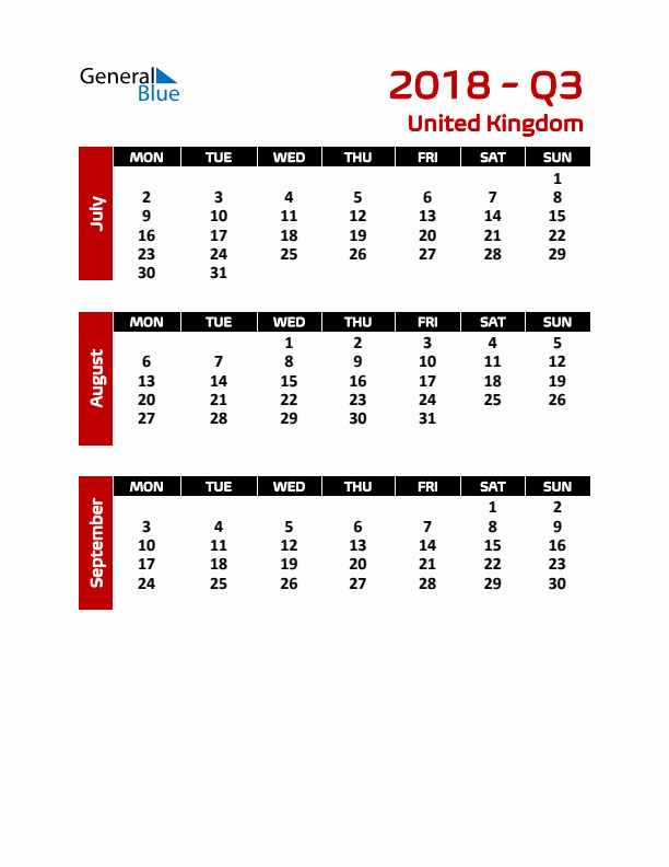 Q3 2018 Calendar with Holidays in United Kingdom