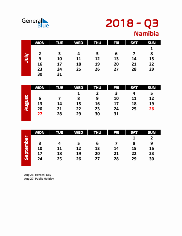 Q3 2018 Calendar with Holidays in Namibia