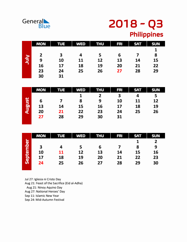 Q3 2018 Calendar with Holidays in Philippines