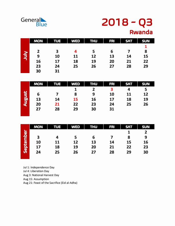 Q3 2018 Calendar with Holidays in Rwanda