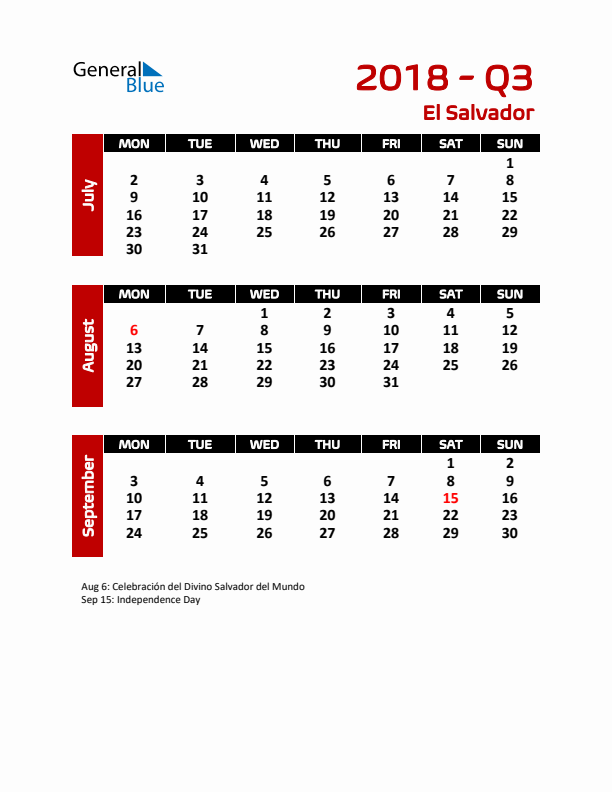 Q3 2018 Calendar with Holidays in El Salvador