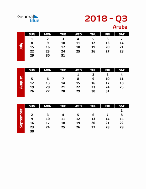 Q3 2018 Calendar with Holidays in Aruba