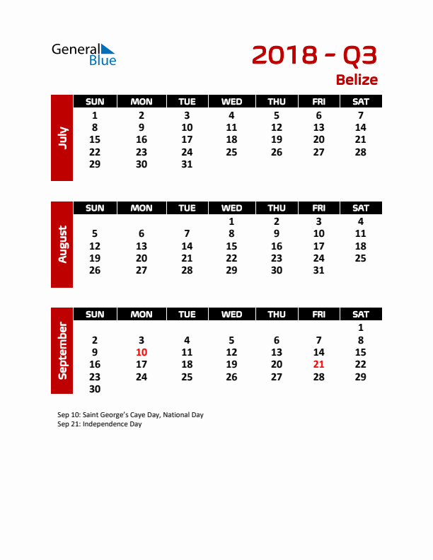 Q3 2018 Calendar with Holidays in Belize