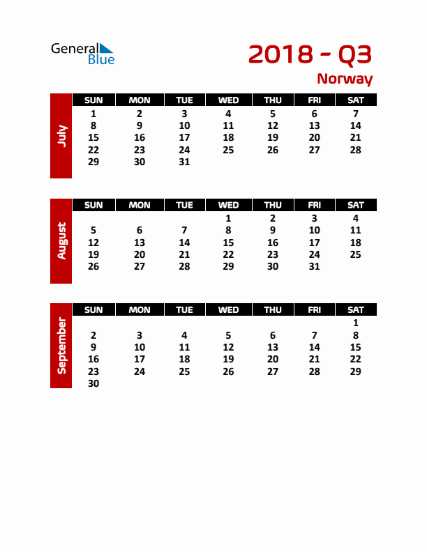 Q3 2018 Calendar with Holidays in Norway