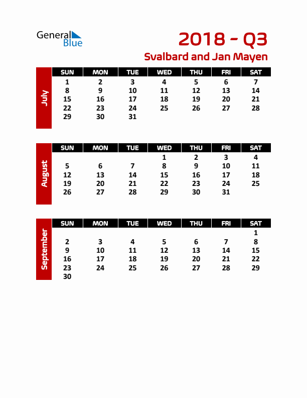 Q3 2018 Calendar with Holidays in Svalbard and Jan Mayen