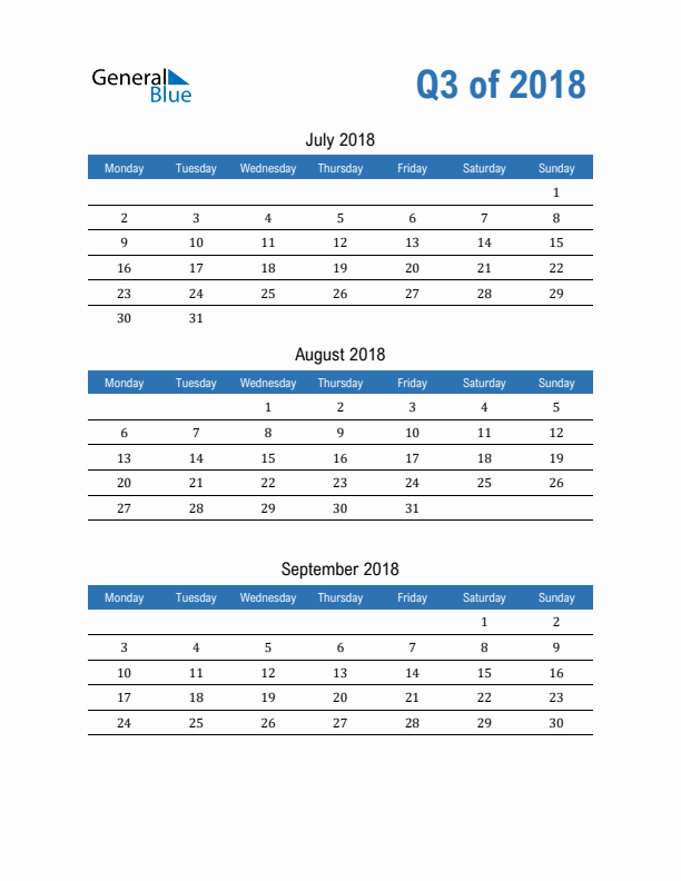 Fillable Quarterly Calendar for Q3 2018