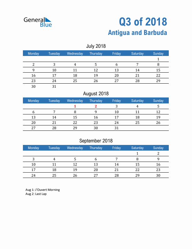 Antigua and Barbuda Q3 2018 Quarterly Calendar with Monday Start