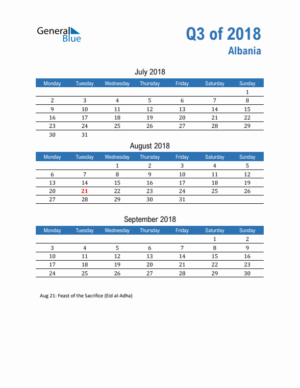 Albania Q3 2018 Quarterly Calendar with Monday Start