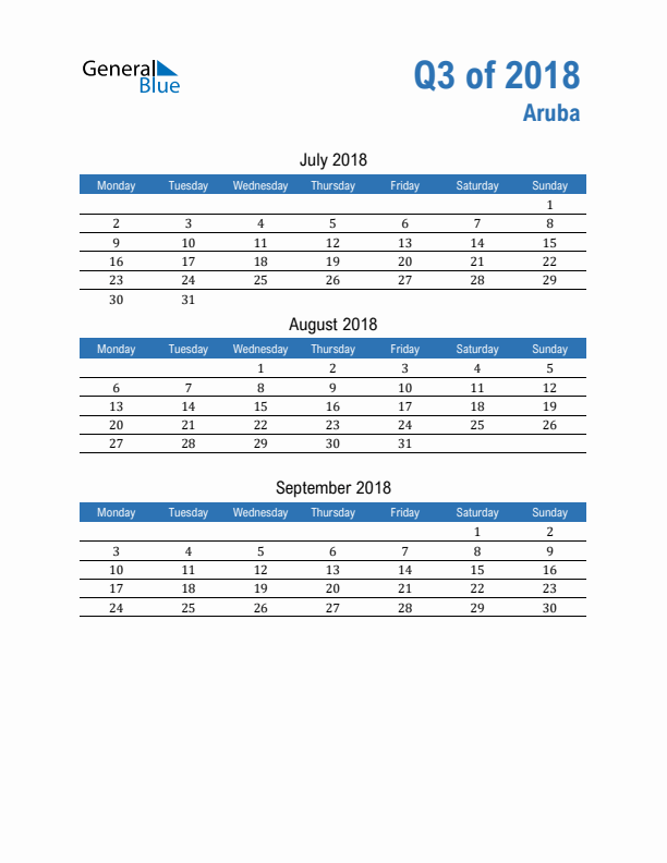 Aruba Q3 2018 Quarterly Calendar with Monday Start