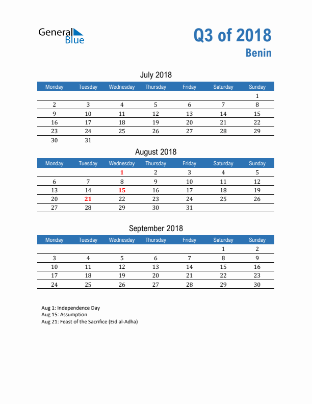 Benin Q3 2018 Quarterly Calendar with Monday Start