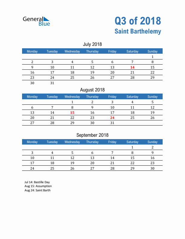 Saint Barthelemy Q3 2018 Quarterly Calendar with Monday Start