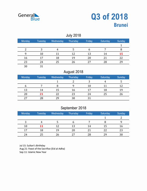 Brunei Q3 2018 Quarterly Calendar with Monday Start