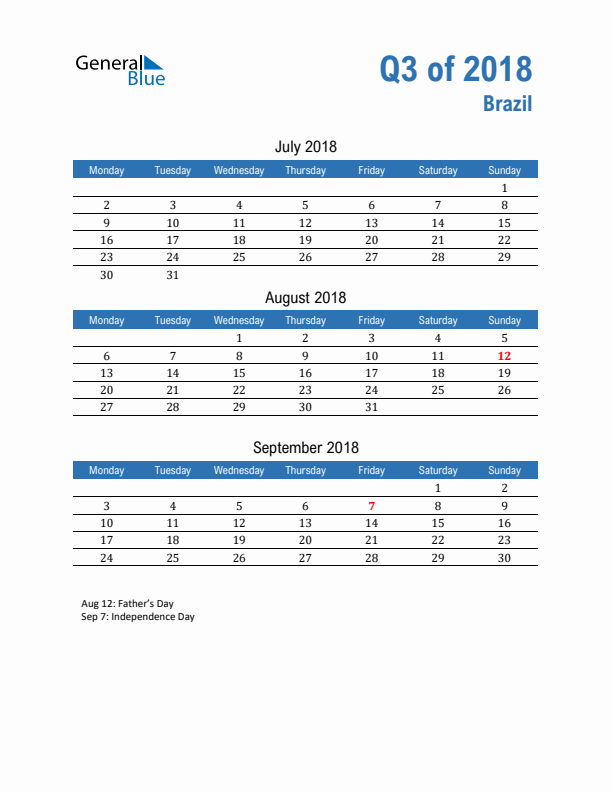 Brazil Q3 2018 Quarterly Calendar with Monday Start