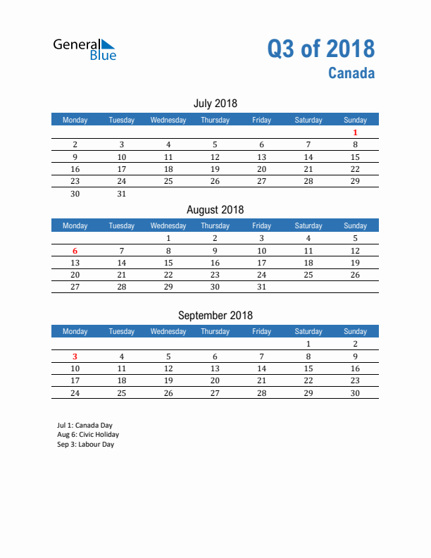 Canada Q3 2018 Quarterly Calendar with Monday Start